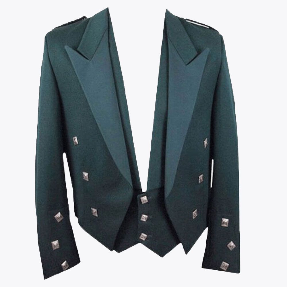 100 % Wool Green Prince Charlie Jacket with Waistcoat for Men
