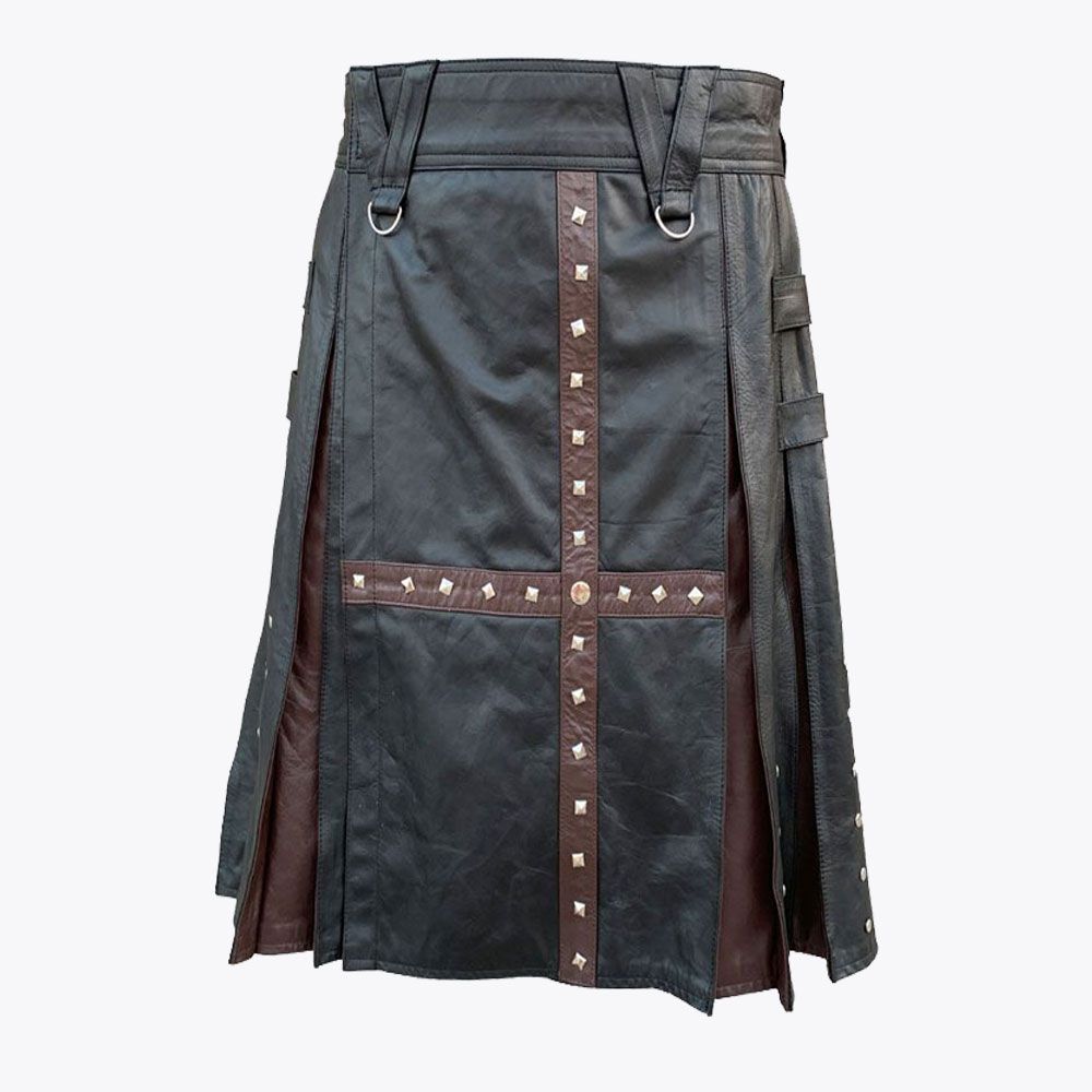 Black &amp; Brown Modern Leather Kilt For Mens