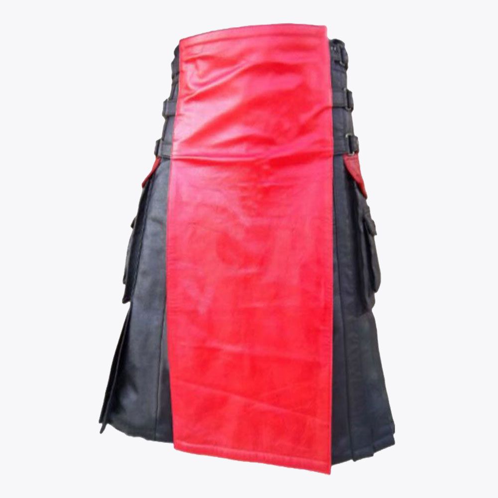 Black &amp; Red Leather Kilt For Men