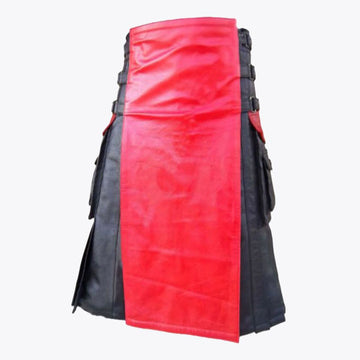 Black &amp; Red Leather Kilt For Men