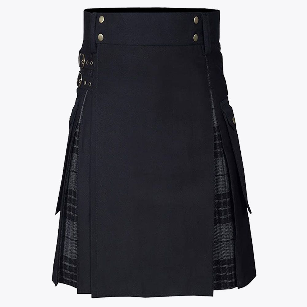 Black COTTON &amp; Gray Watch Tartan Hybrid Utility Kilt