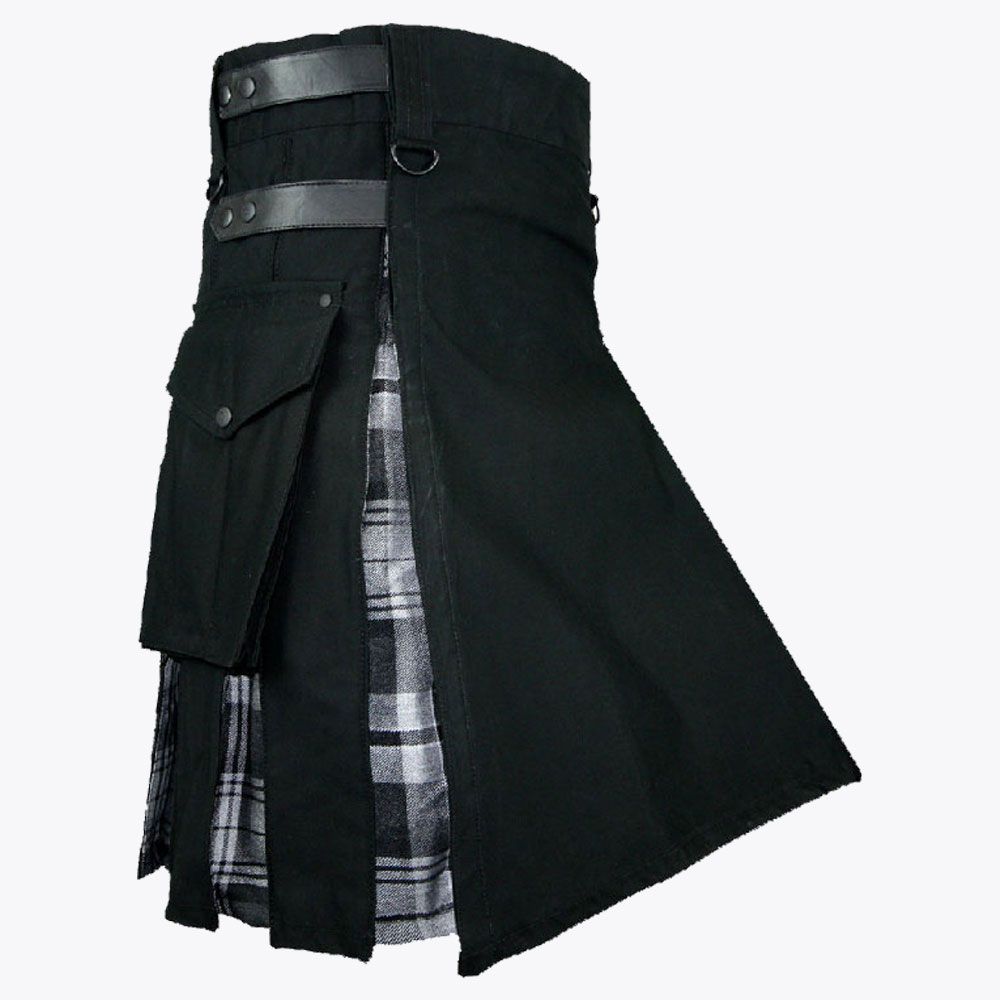 Black Cotton With Black Watch Tartan Hybrid Kilt
