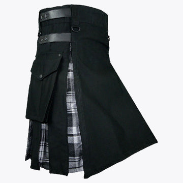 Black Cotton With Black Watch Tartan Hybrid Kilt
