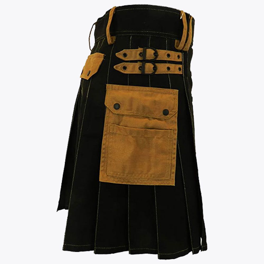 Black Deluxe Modern Kilt &amp; Khaki Straps Style With Khaki Cargo Pockets