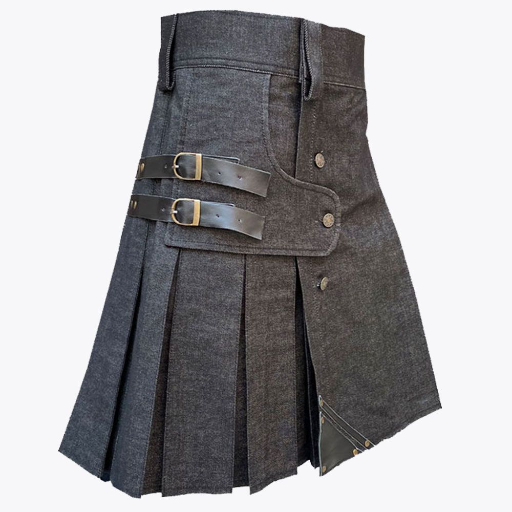 Black Denim Leather Strip Kilt