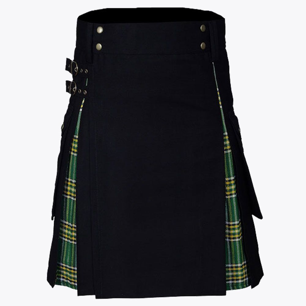 Black Utility Kilt &amp; Irish Tartan Hybrid Kilt For Men