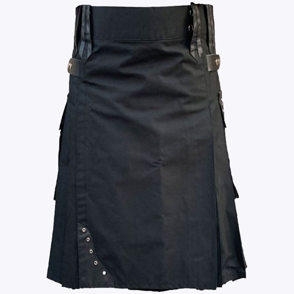 Black Cotton Utility Kilt With Leather Straps