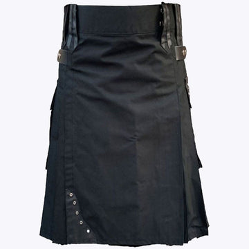 Black Cotton Utility Kilt With Leather Straps