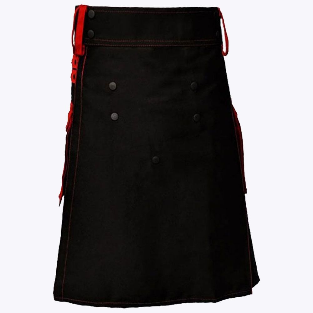 Black Deluxe Modern Kilt &amp; Red Straps Style With Red Cargo Pockets