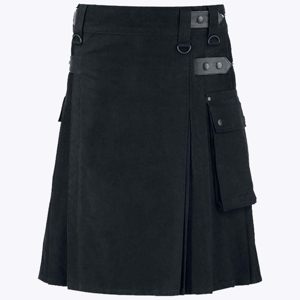 Black Utility Kilt With Leather Straps