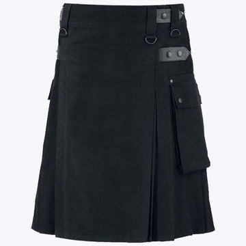 Black Utility Kilt With Leather Straps