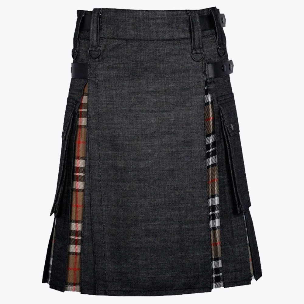 Campbell Tartan &amp; Black Denim Hybrid Utility Kilt For Men