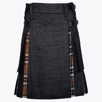 Campbell Tartan &amp; Black Denim Hybrid Utility Kilt For Men
