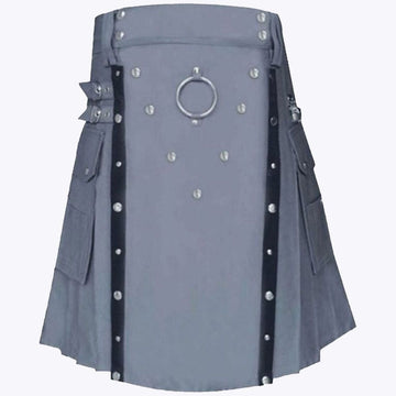 Grey Utility Kilt With Leather Straps