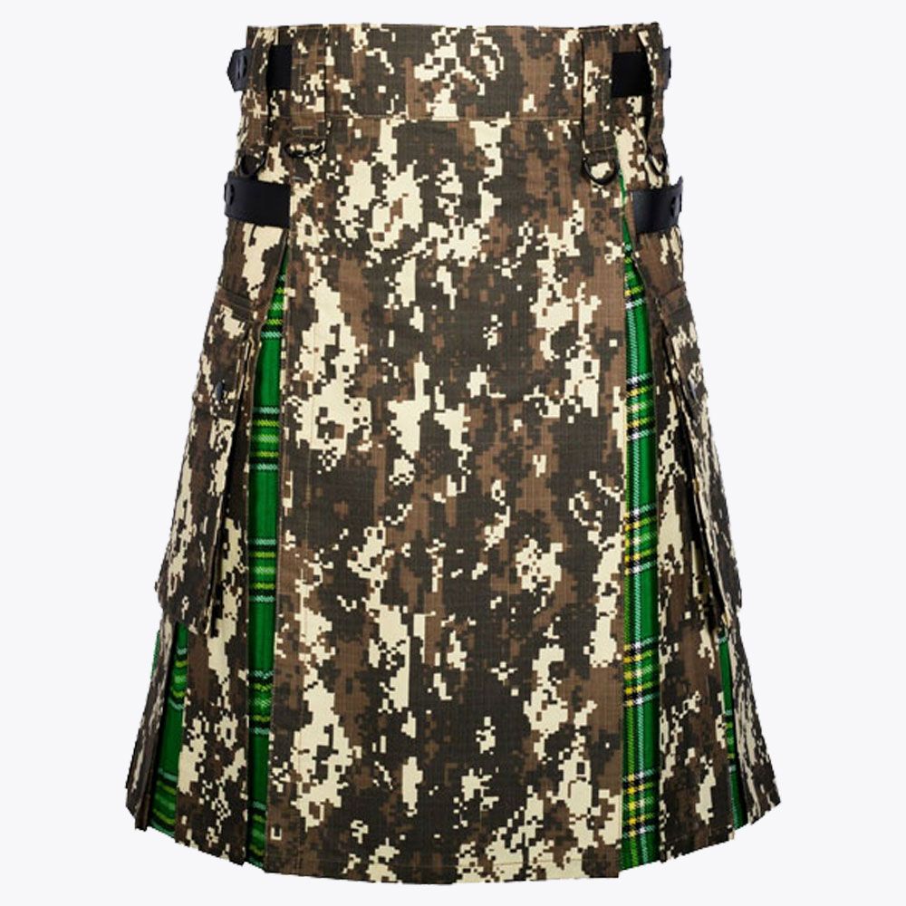 Irish Tartan &amp; Digital Camo Utility Kilt with Cargo Pockets Hybrid Modern Kilt