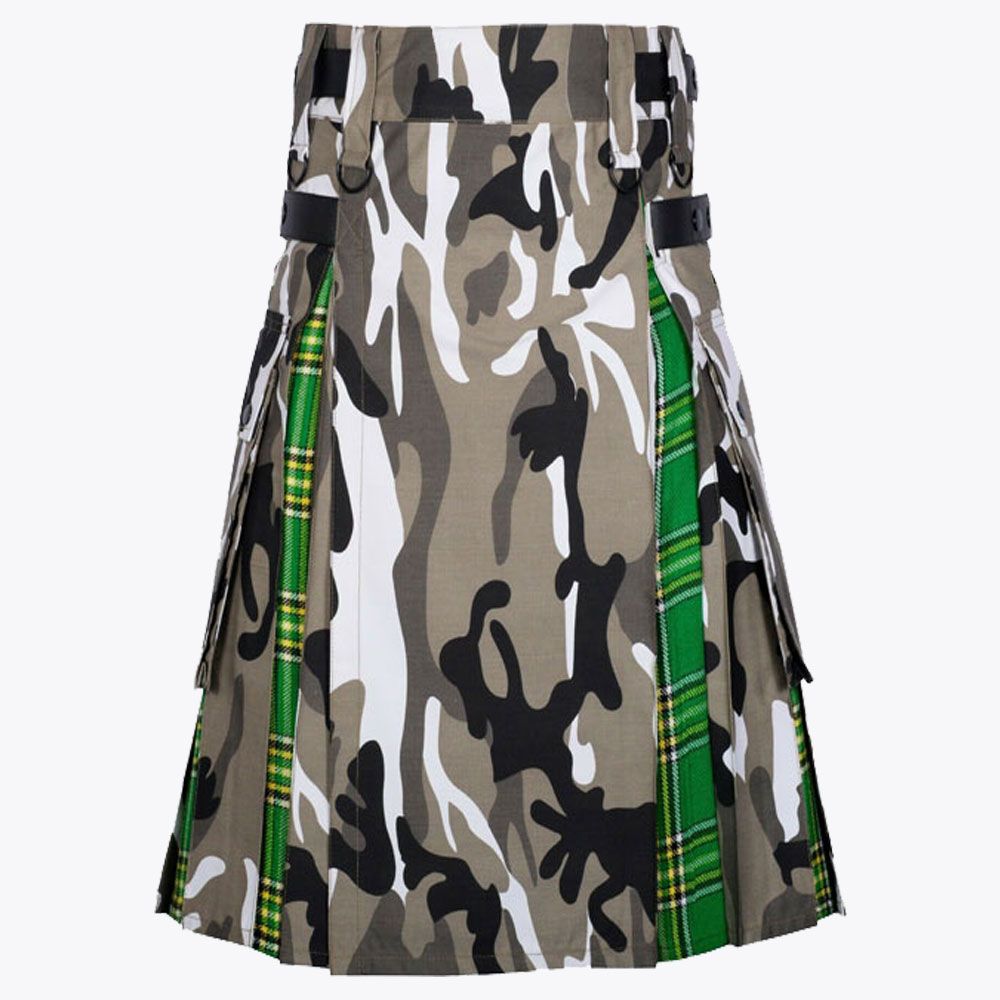 Irish Tartan &amp; Urban Camo Utility Kilt with Cargo Pockets Hybrid Modern Kilt