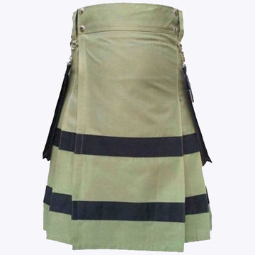 Olive Green Utility Kilt with Black Stripes For Men