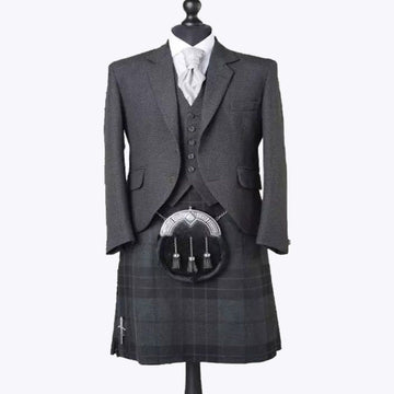 Premium Charcoal Gray Tweed Jacket With Night Watch Tartan Kilt Outfit