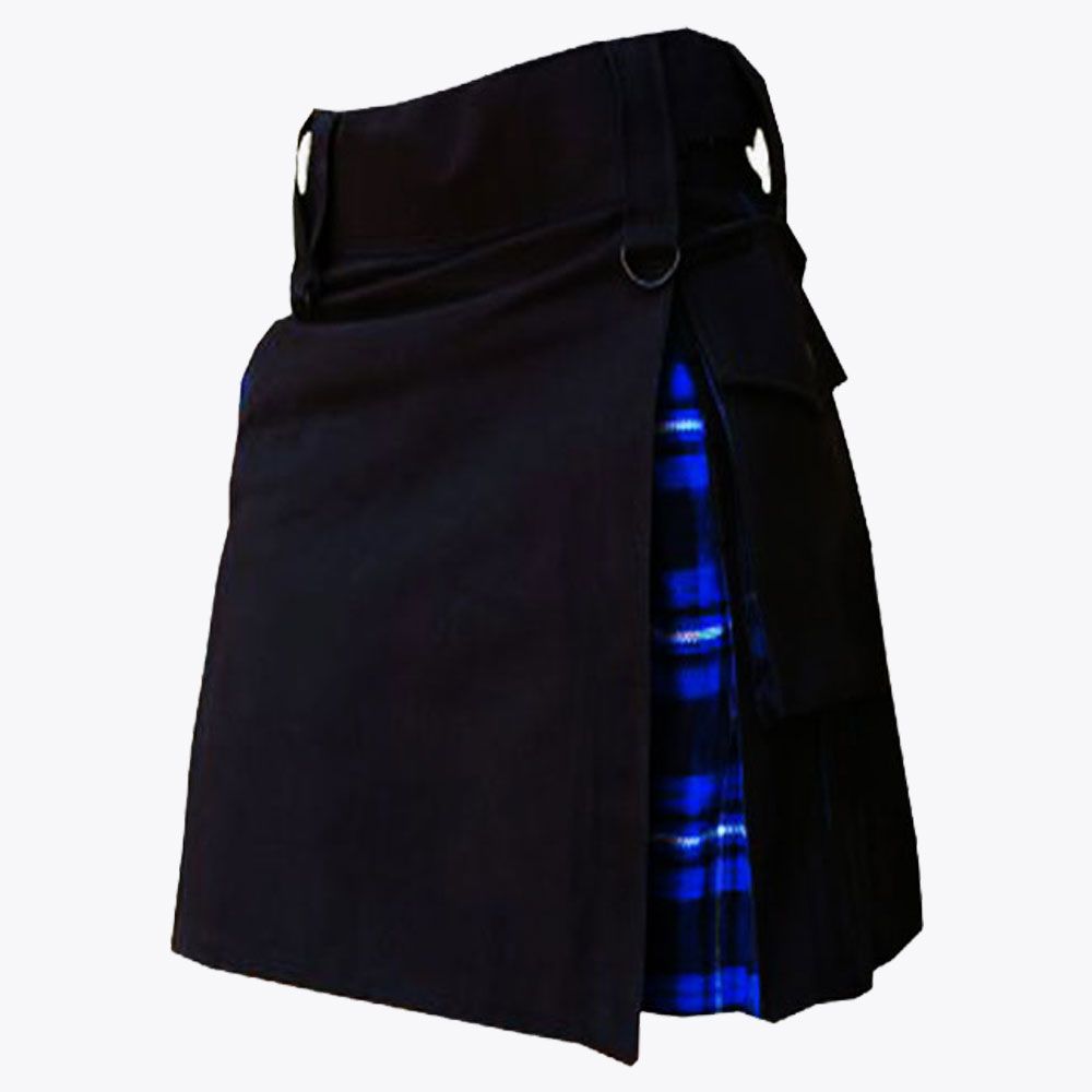 Ramsay Blue Tartan &amp; Black Cotton Hybrid Utility Kilt For Women