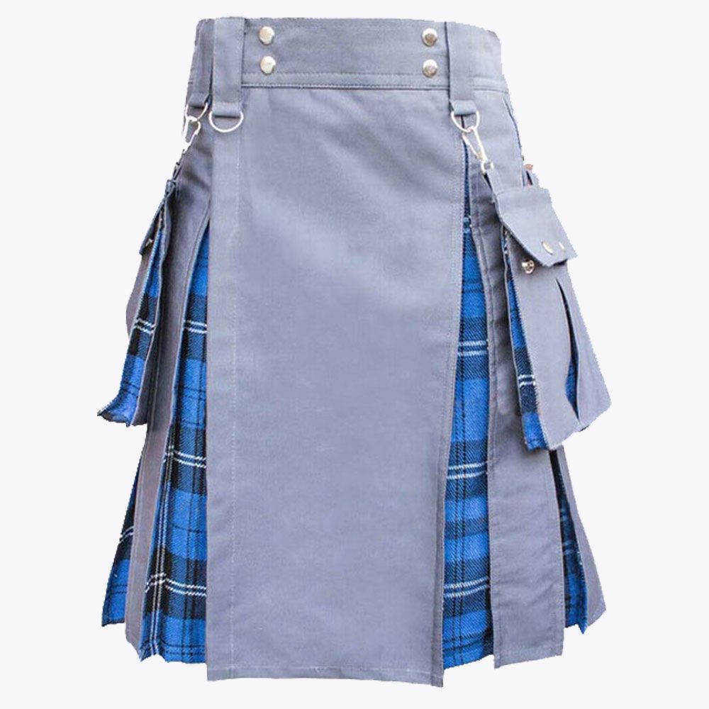 Ramsay Blue Tartan &amp; Grey Cotton Hybrid Utility Kilt For Men