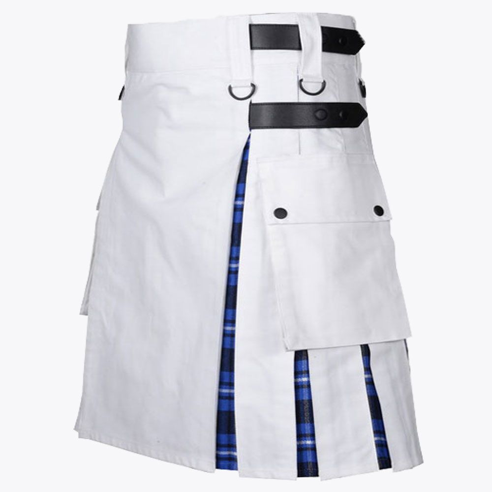 Ramsay Blue Tartan &amp; White Cotton Hybrid Utility Kilt For Men
