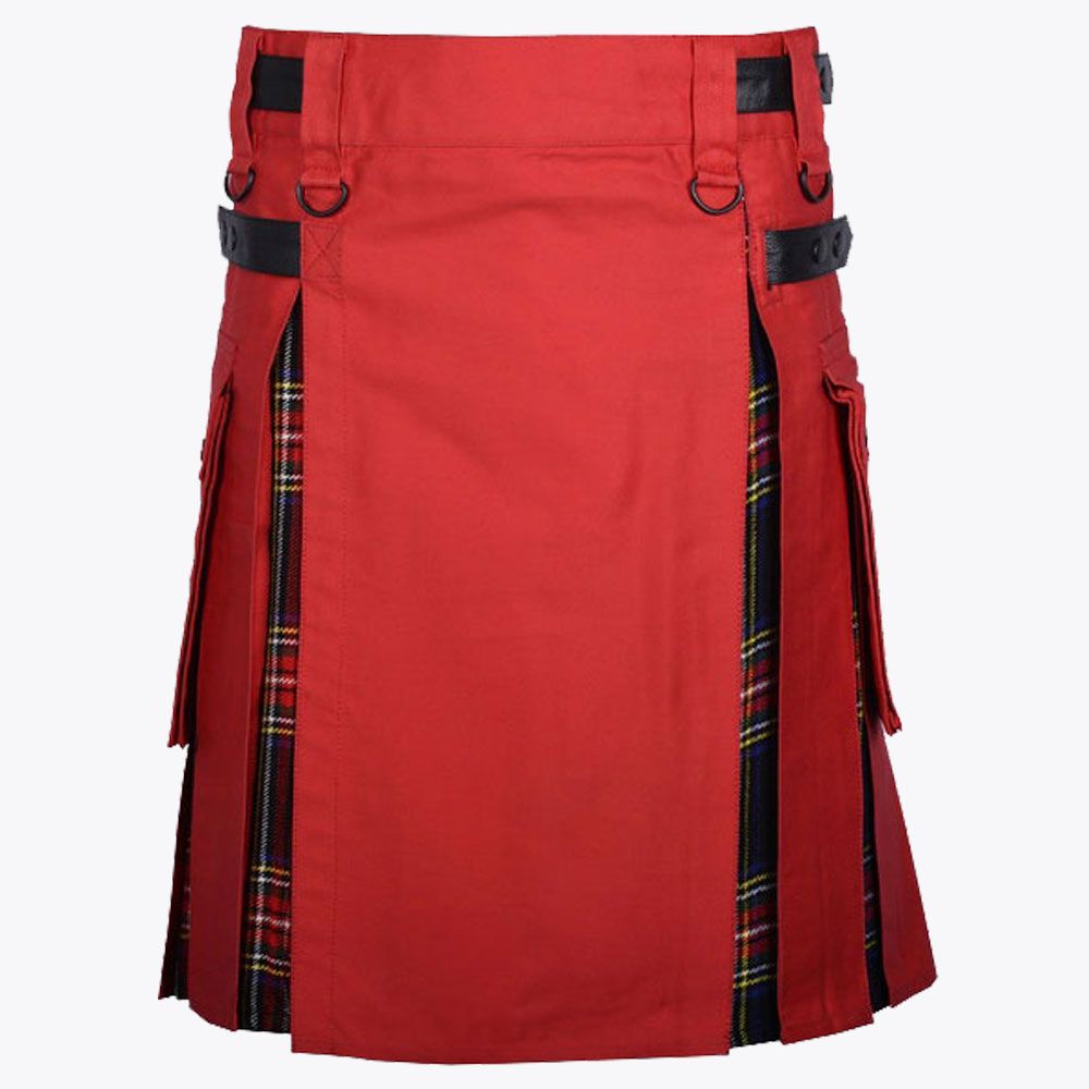 Red Cotton &amp; Black Stewart Tartan Hybrid Utility Kilt For Men