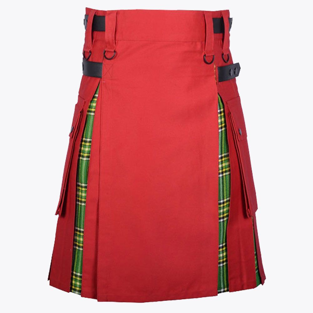 Red Cotton &amp; Irish Tartan Hybrid Utility Kilt For Men