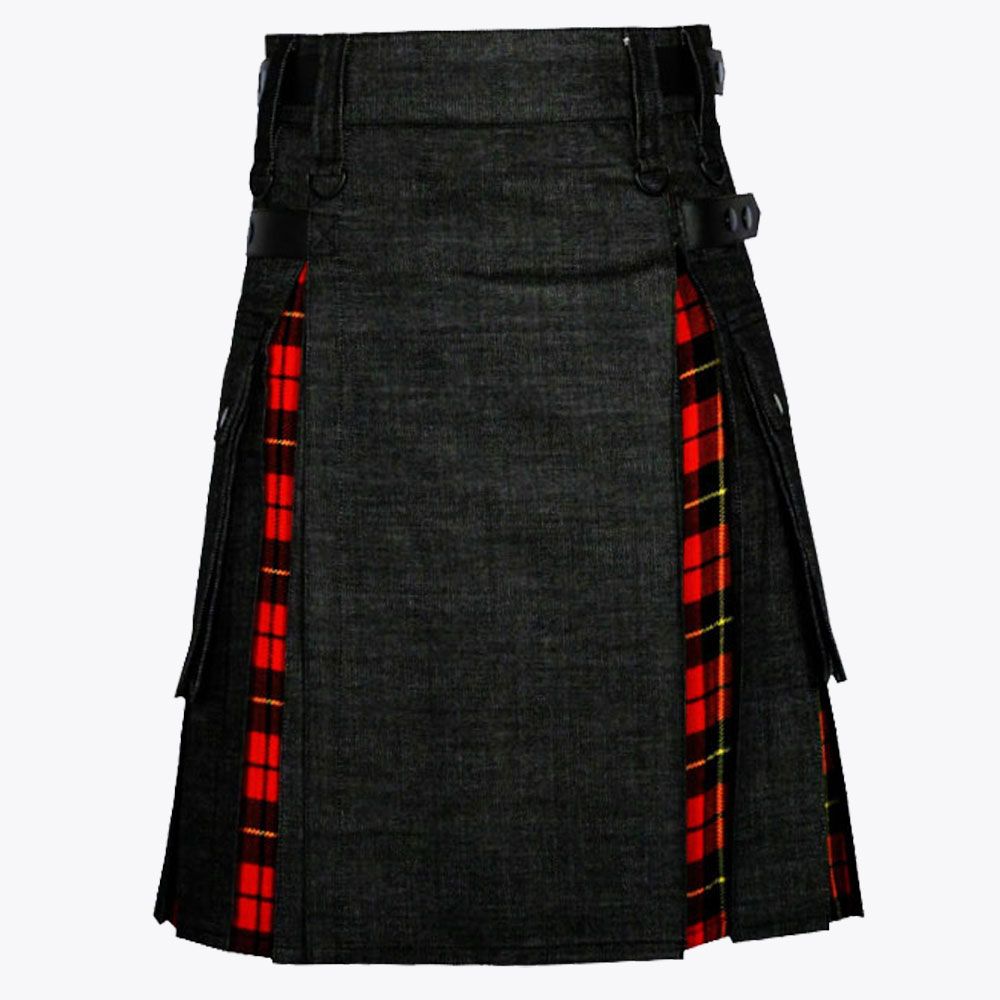 Wallace Tartan &amp; Black Denim Hybrid Utility Kilt For Men