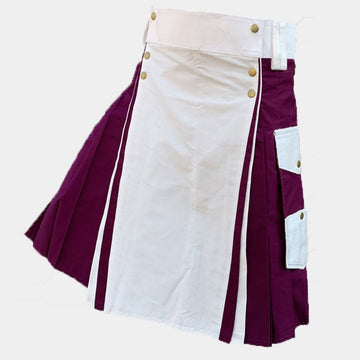White &amp; Burgundy Color Cotton Utility Kilt