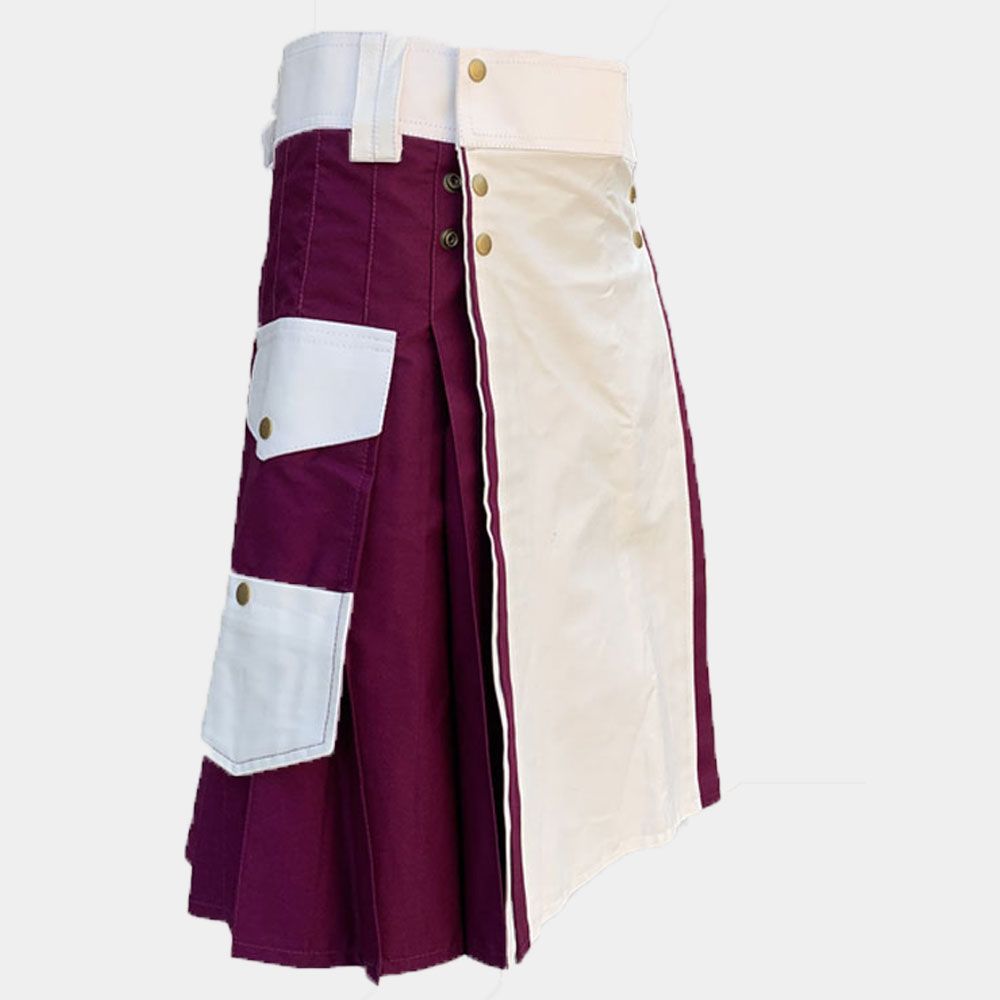 White & Burgundy Color Cotton Utility Kilt - Image 2