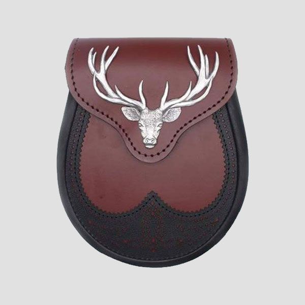 Enamel Stag Head Blood Leather Sporran